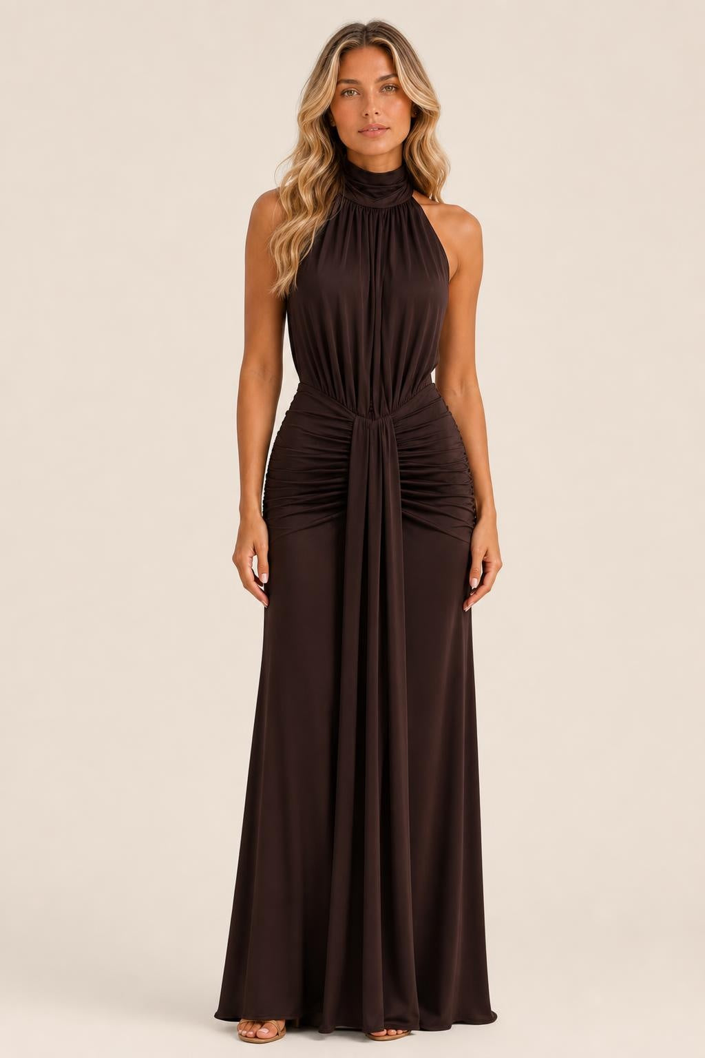 Vestido Longo Drapeado com Gola Alta e Costas Nuas - Noeli — studio_front — Sofia [07ec7c0d-b9dd-41e9-88a4-fc40039cd80a]