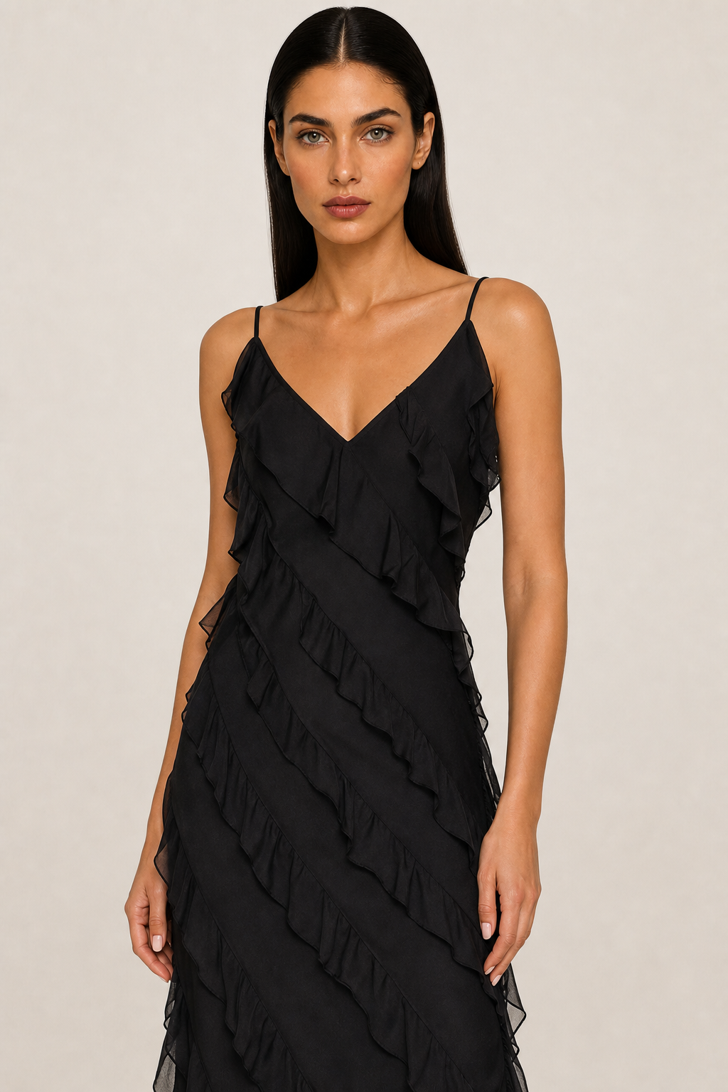 European and American Amazon Hot-Selling Chiffon Vacation Long Dress, Sexy Spaghetti Strap Backless Slit Ruffle Gown Women's Dress — studio_closeup — Helena [4313d462-38b8-4559-9df5-7ba5ee1c4afe]