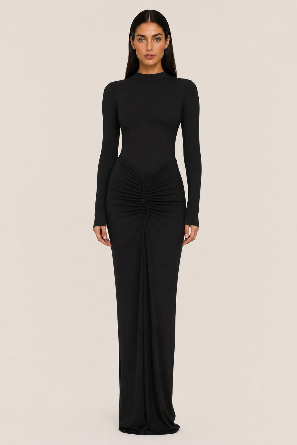 Vestido Longo Drapeado de Gola Alta - Moira — studio_front — Helena [ebbf347f-55b6-4074-8f69-7d478f0f6cd9]
