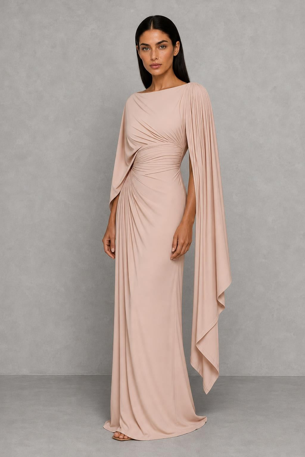 Vestido Longo Drapeado com Mangas Capa - Ornella — studio_three_quarter — Helena [8051186f-7c8c-4ab0-886f-d9fccc444a48]