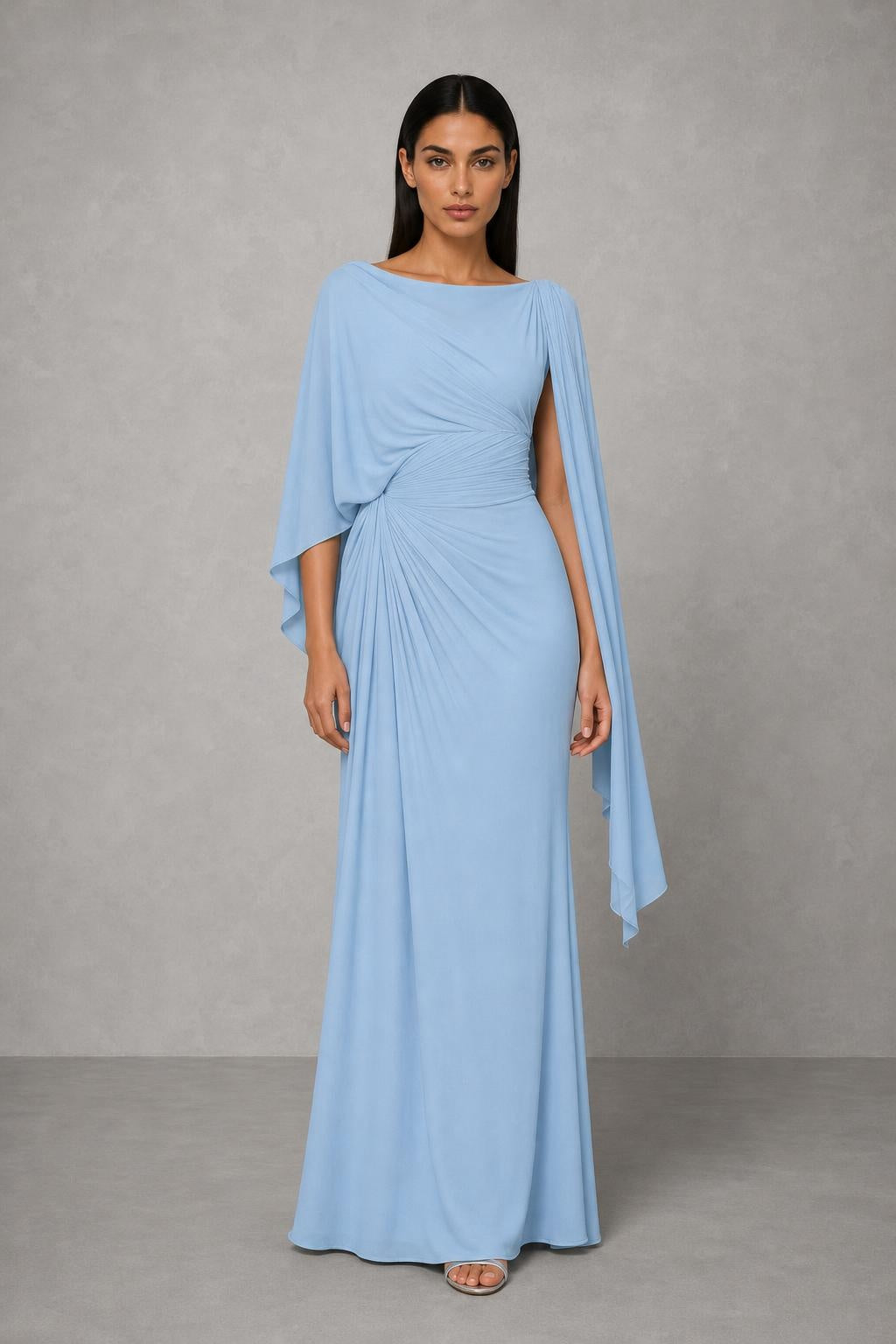 Vestido Longo Drapeado com Mangas Capa - Ornella — studio_front — Helena [bc3a8f3e-0853-41b4-a66e-a1822f36306b]