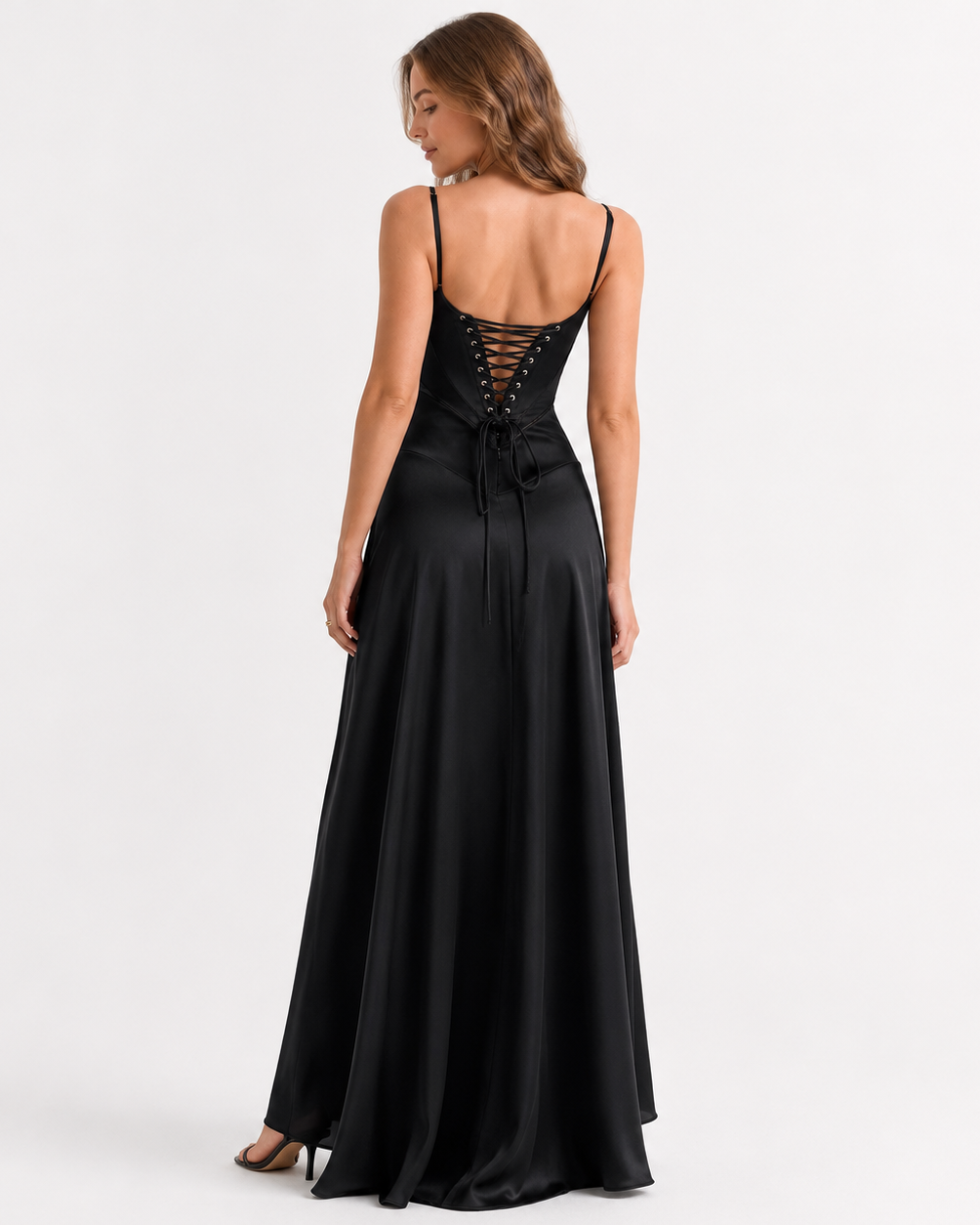 Vestido Longo Cetim Alças Finas com Costas Amarradas - Elysia