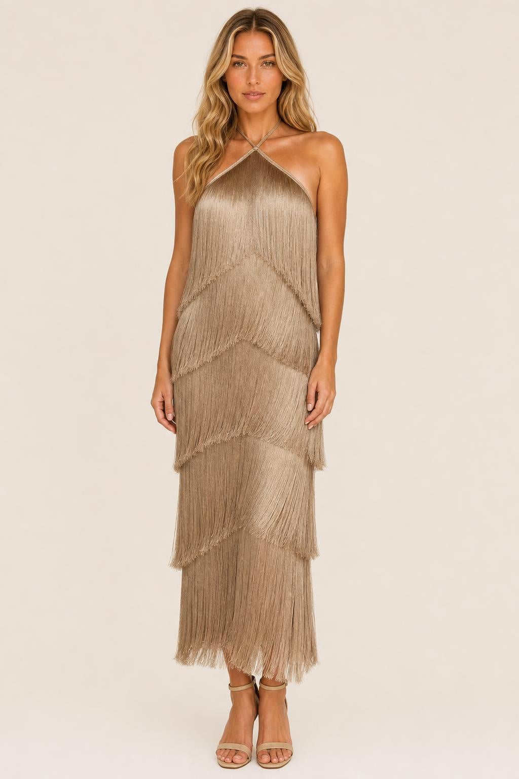 Vestido Feminino de Festa Elegante Midi Com Franjas - Montmartre — studio_front — Sofia [9df5fbf3-96c1-4660-a71a-6cfbf0d99e57]