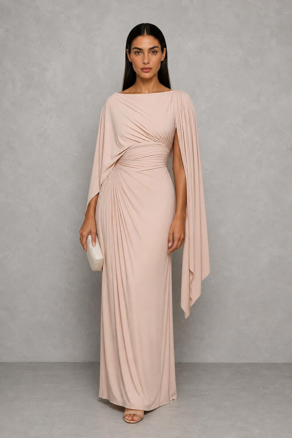 Vestido Longo Drapeado com Mangas Capa - Ornella — studio_front — Helena [eeda7ff6-a181-42a7-86d9-4764086b9969]