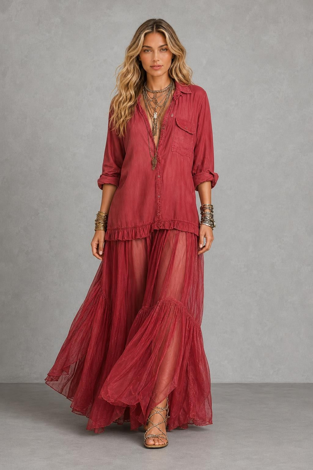 Vestido Longo com Gola Camisa e Saia em Camadas - Marilene — studio_front — Sofia [b42ad7ea-7b52-4a4c-b698-d0402ec5b755]