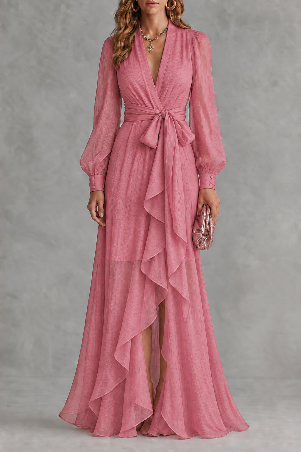 Rosénelle – Elegância fluida em chiffon – Vestido longo