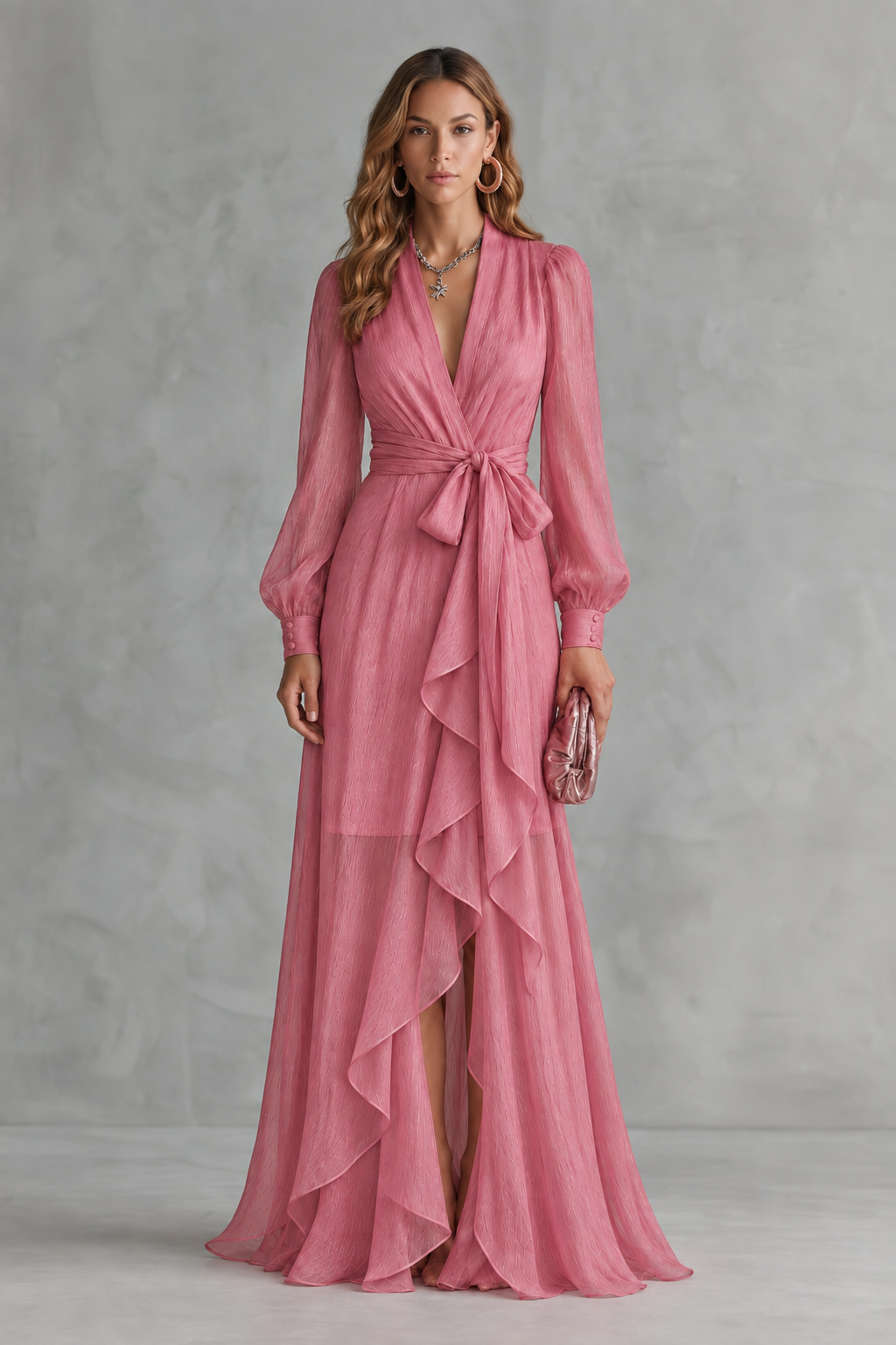 Rosénelle – Elegância fluida em chiffon – Vestido longo