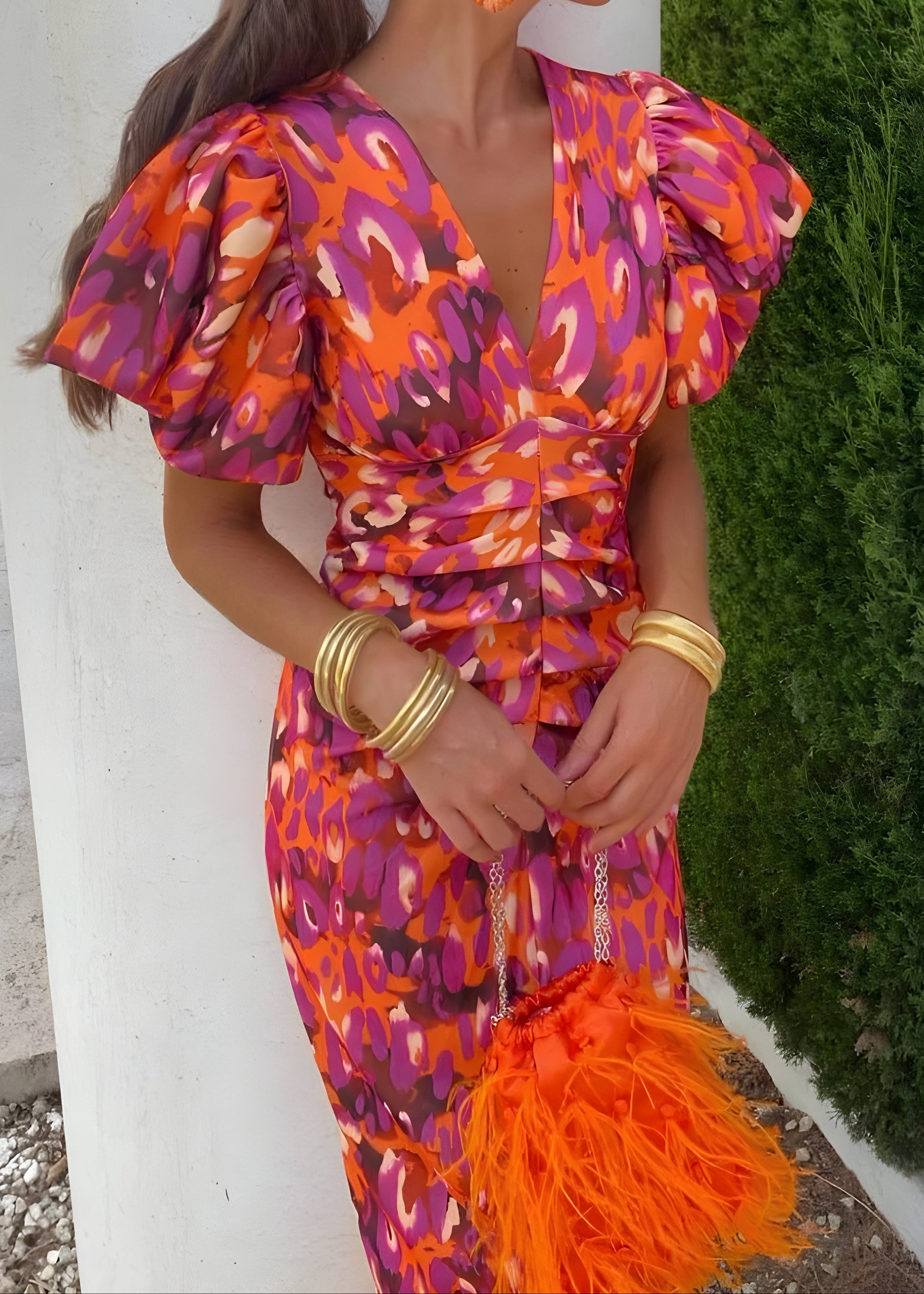 Tainara - Vestido midi estampado com mangas bufantes