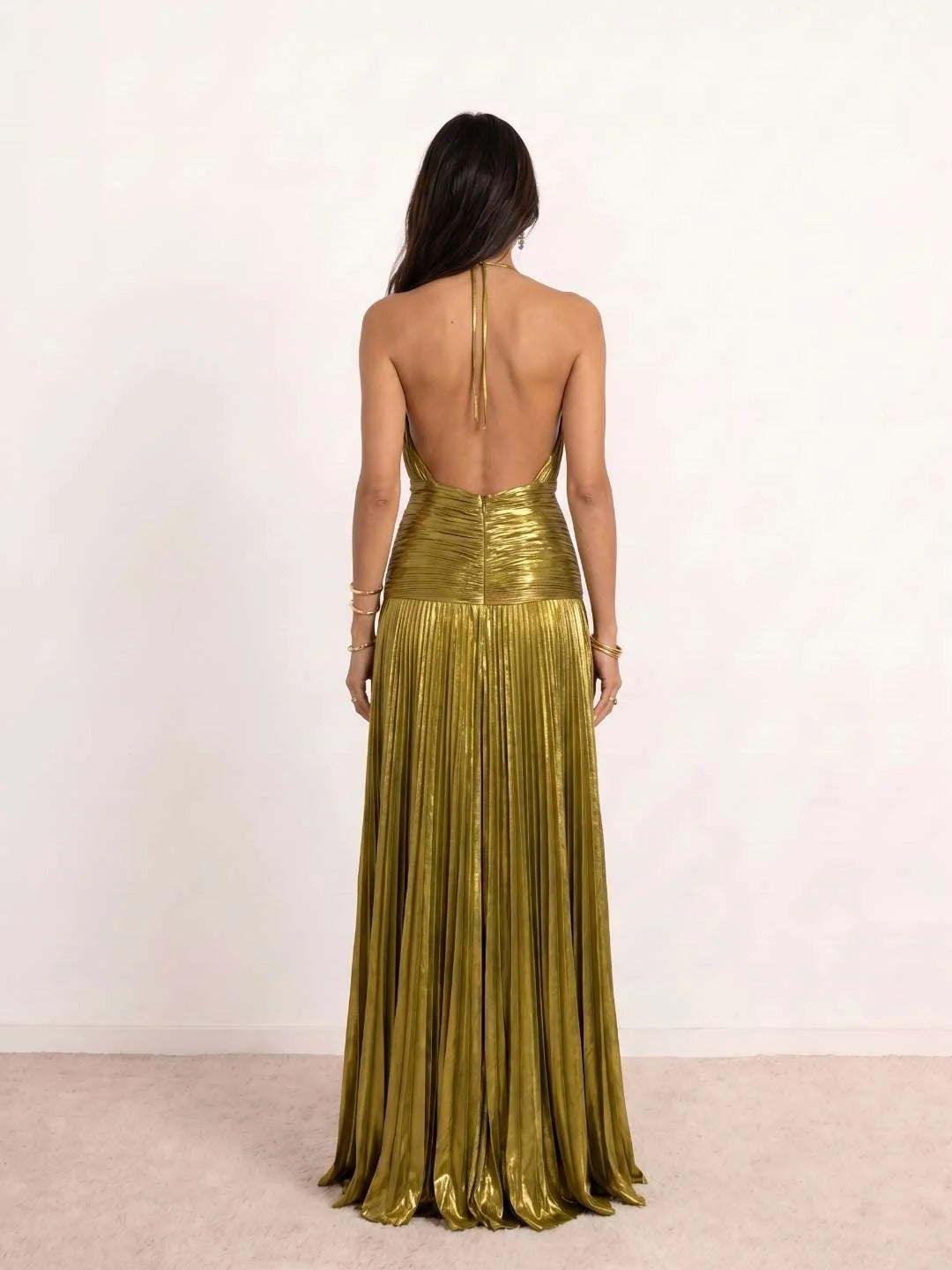 Vestido Longo Metalizado Frente Única com Fenda Alta - Sienna