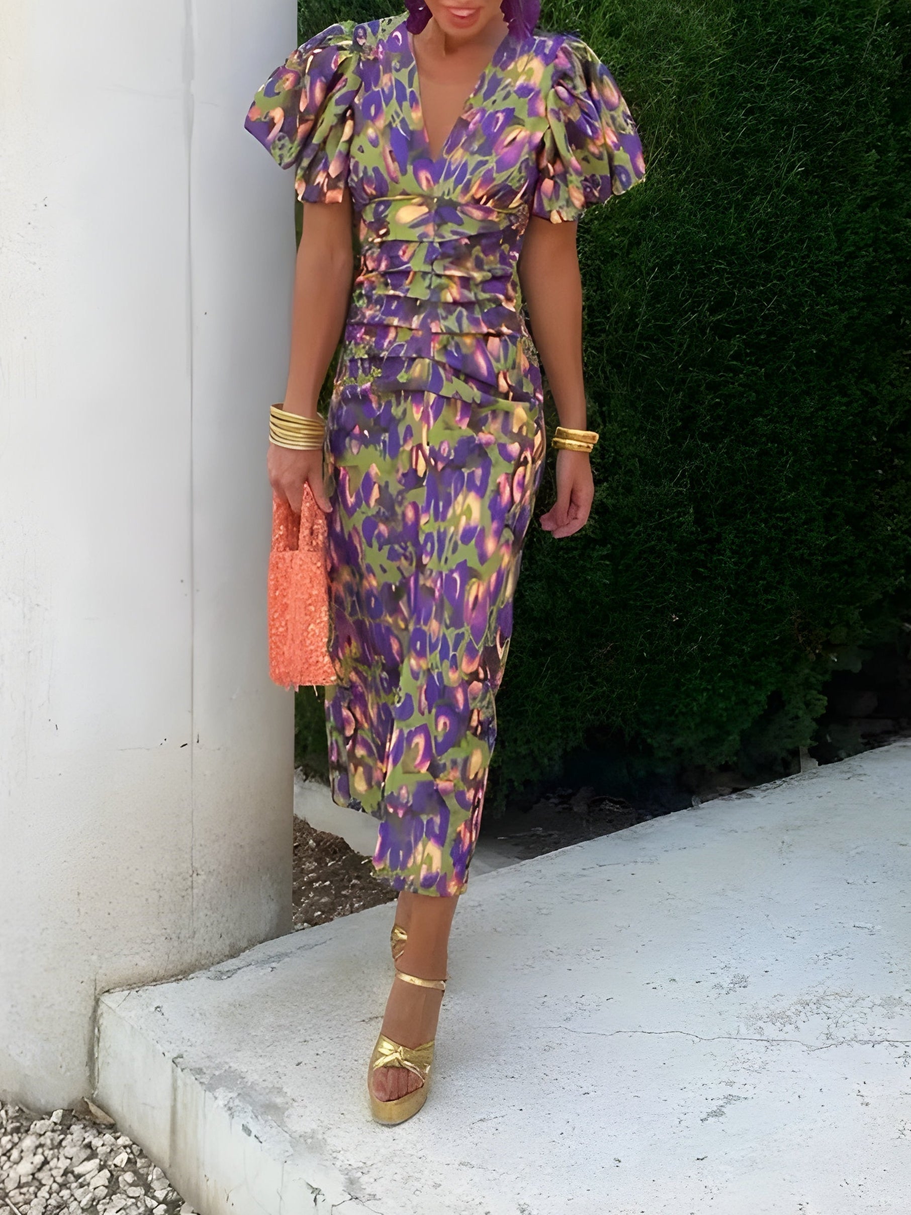 Tainara - Vestido midi estampado com mangas bufantes