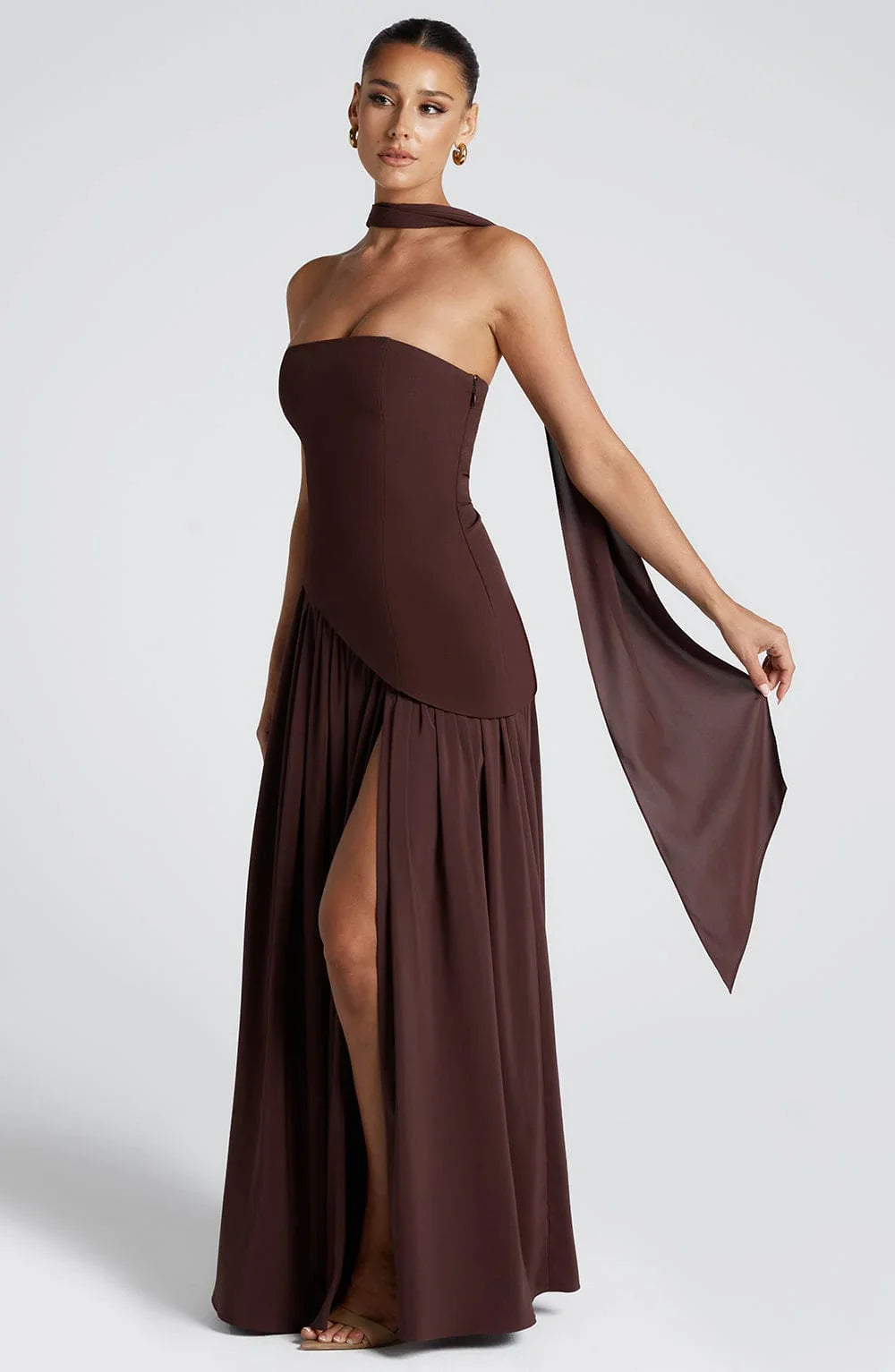 Vestido Longo Assimétrico com Fenda e Lenço - Freya