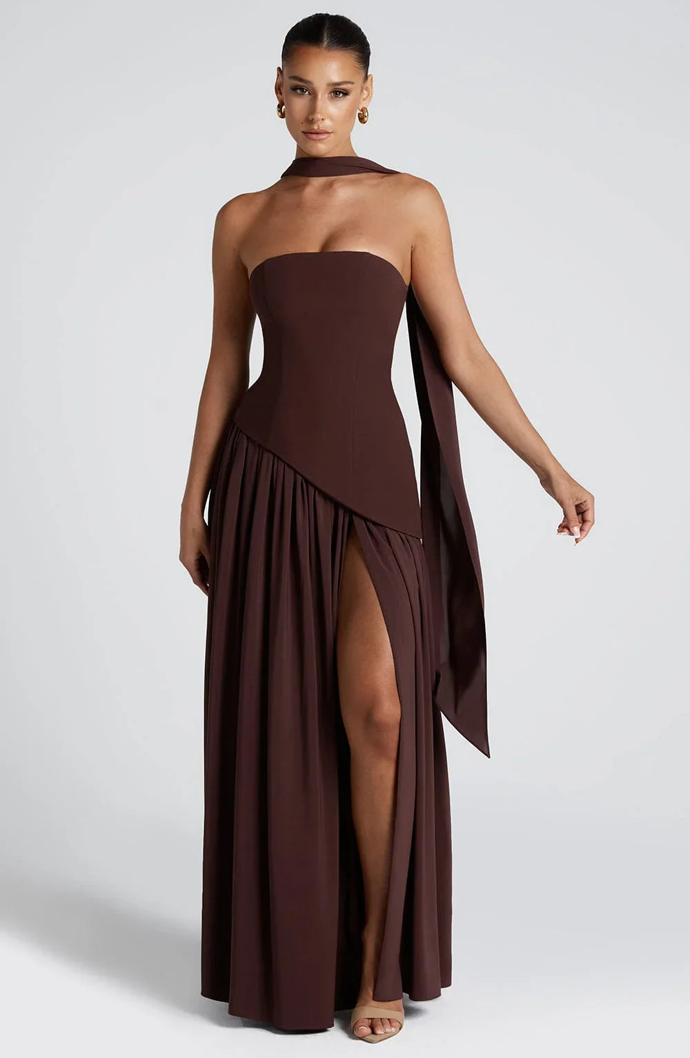 Vestido Longo Assimétrico com Fenda e Lenço - Freya