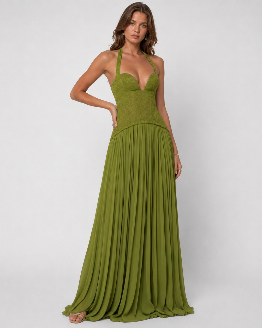 Vestido Longo Corset Renda Floral com Saia Plissada - Íris