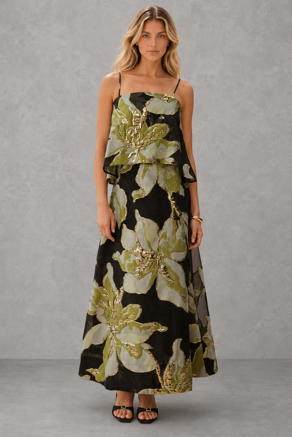 Vestido Longo Preto Floral Metalizado com Sobreposição - Nerina